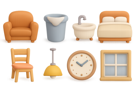 Cozy home essentials in soft 3d art: chair, bed, clock, and more - Powered by Adobe