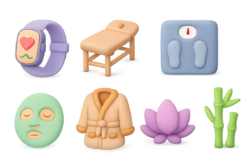 Wellness and fitness icons in soft volumetric style for holistic health concepts