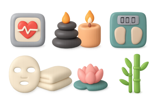 3d wellness icons: heartbeat, spa, lotus, bamboo, candle, mask in soft pastel tones