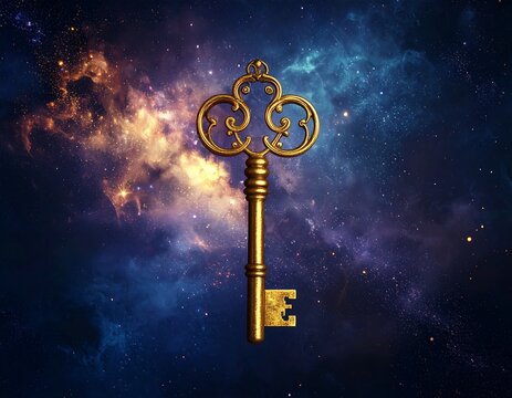Ornate gold key in cosmic space - Powered by Adobe