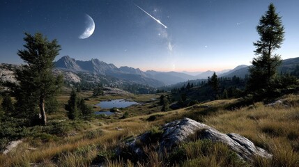 Majestic Mountain Valley at Twilight with Dramatic Sky and Star Trails