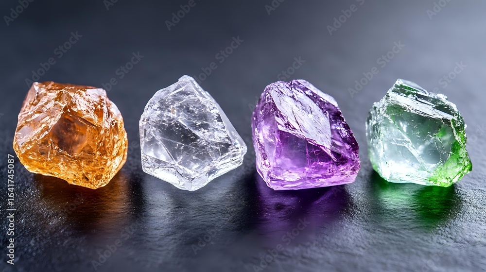 Aufkleber raw colorful gemstones arranged in row on dark background showing natural crystal formation with ora