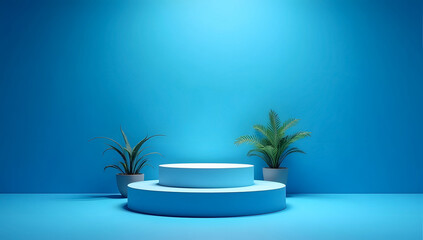 Fototapeta premium Minimalist Blue 3D Podium with Plants – Modern Product Display Background