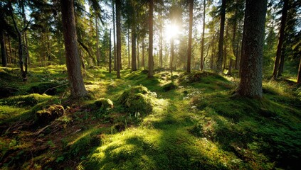 Obraz premium Sunlight streams through a mossy forest