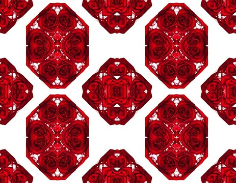 Geometric pattern of octagonal red rose designs on white background