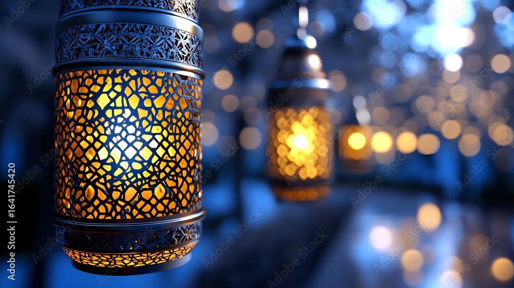 Poster glowing ornate oriental lanterns with intricate patterns casting warm light against blurred bokeh ba