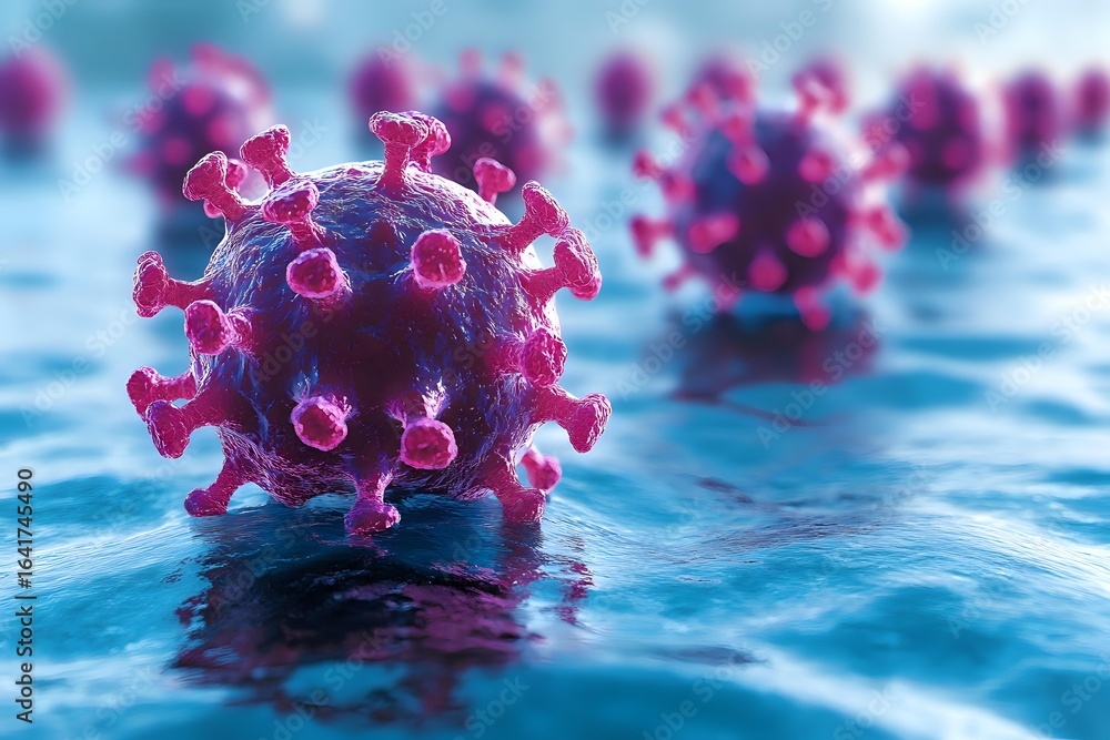 Poster microscopic view of virus cell structure in blue water with pink protein spikes floating on reflecti