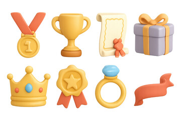 Bright 3d icons of medals, trophies, and gifts on a golden background