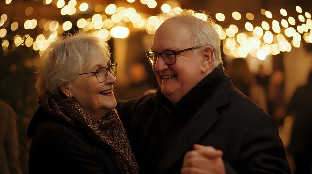 Senior couple dancing and laughing together at evening celebration with warm bokeh lights background, romantic moment captured during holiday festivities. - Powered by Adobe