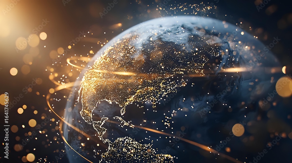 Poster glowing world map on dark globe with golden light trails and particles, showing global connectivity 