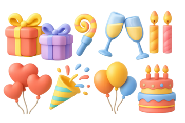 Colorful 3d celebration elements with gifts, balloons, and cake
