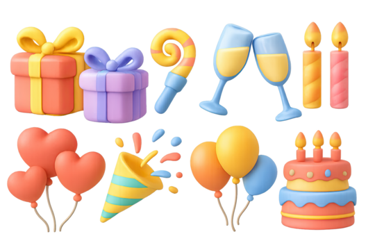 Colorful 3d celebration elements with gifts, balloons, and cake - Powered by Adobe