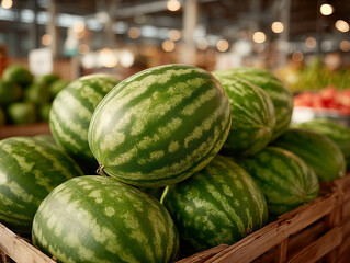 Watermelons stacked on top of each other in a bulk fruit section , ideal for summer themes, hydration, and healthy lifestyle visuals.
