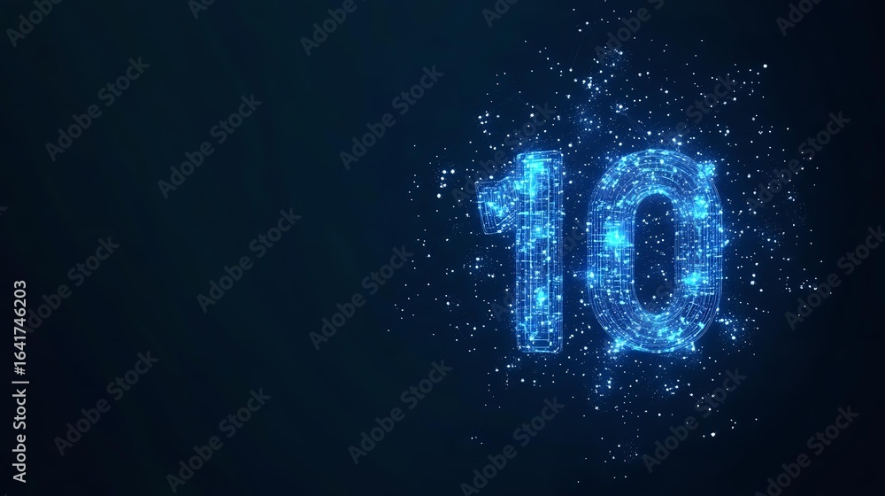 Poster glowing blue number 10 formed by luminous particles and sparkles on dark background, creating magica