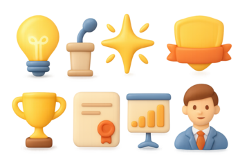3d business icons: lightbulb, microphone, star, shield, trophy, certificate, chart, person