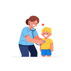 Minimalist flat design vector of a doctor checking a young child with a stethoscope. Perfect for healthcare posters, websites, and medical infographics.