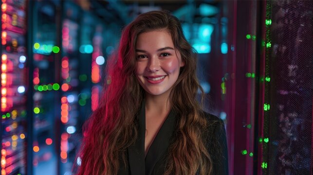 The confident woman smiling brightly in a vibrant server room.