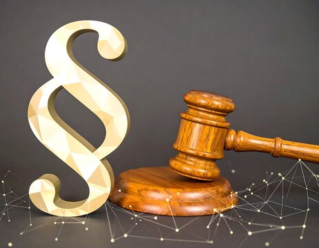 Gavel and polygonal paragraph symbol on dark background with subtle network effect