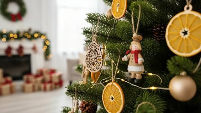 The Christmas tree is decorated with eco-friendly ornaments, dried orange slices, wooden toys