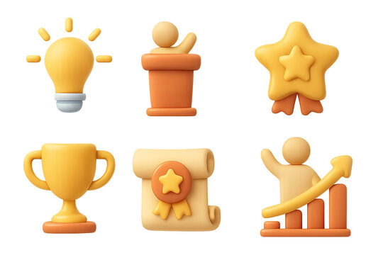 Set of 3d icons: leadership, achievement, and growth in soft pastel tones