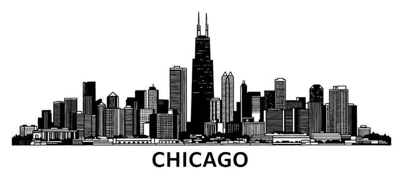 Chicago City Skyline Cityscape with Text at Bottom Black and White Outline Line Art Drawing