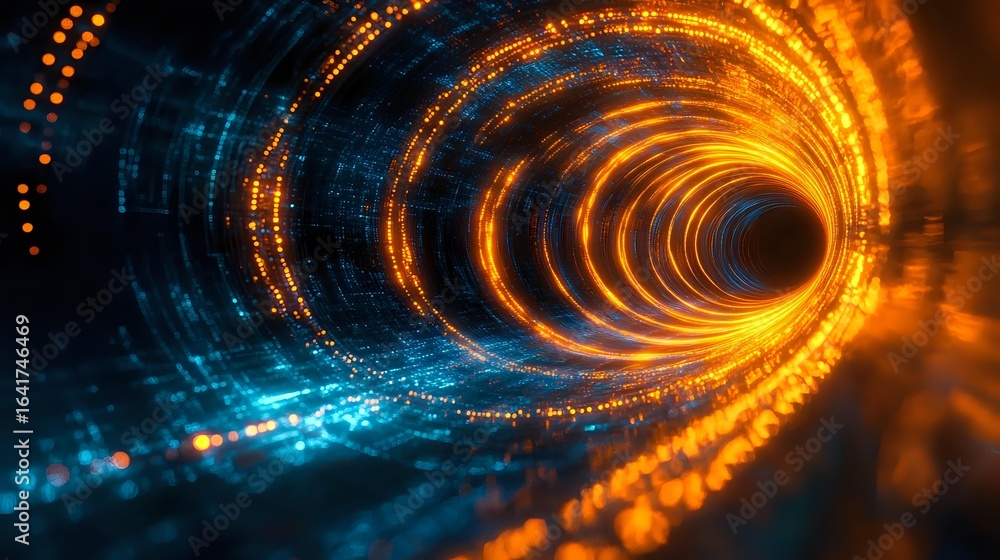 Poster glowing orange and blue spiral tunnel with digital particles creating dynamic motion effect, abstrac