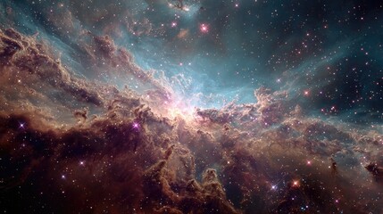 Fototapeta premium Nebulae expanse of cosmic clouds, vibrant colors, star clusters. Vast space filled with swirling, colorful gas and dust clouds. Bright central star illuminates the scene