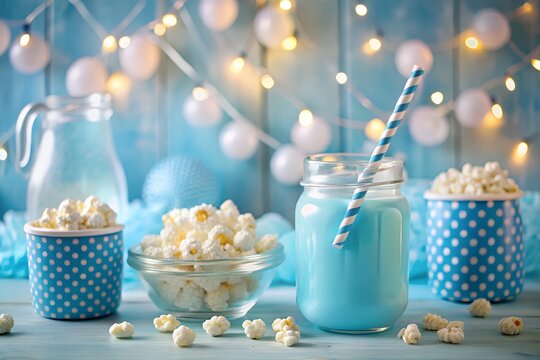 Popcorn and blue milk in glass jars with string lights on wooden table - Powered by Adobe