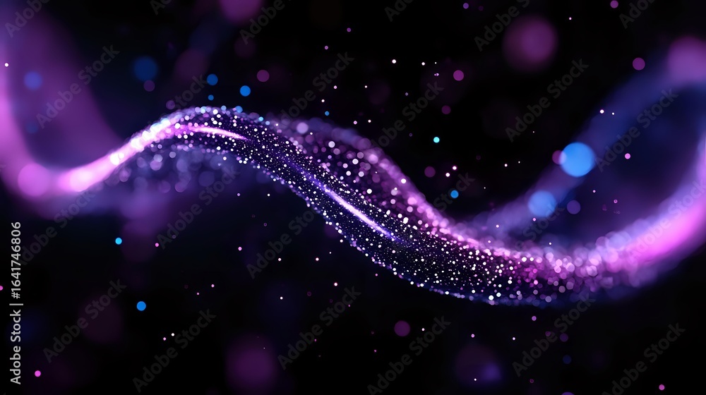 Poster glowing purple wave with sparkling particles flowing on black background creates magical cosmic atmo