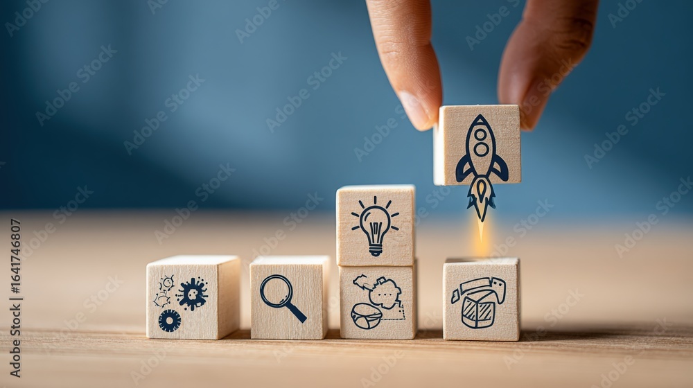Poster building blocks of business success: hand placing rocket on stack of strategy icons