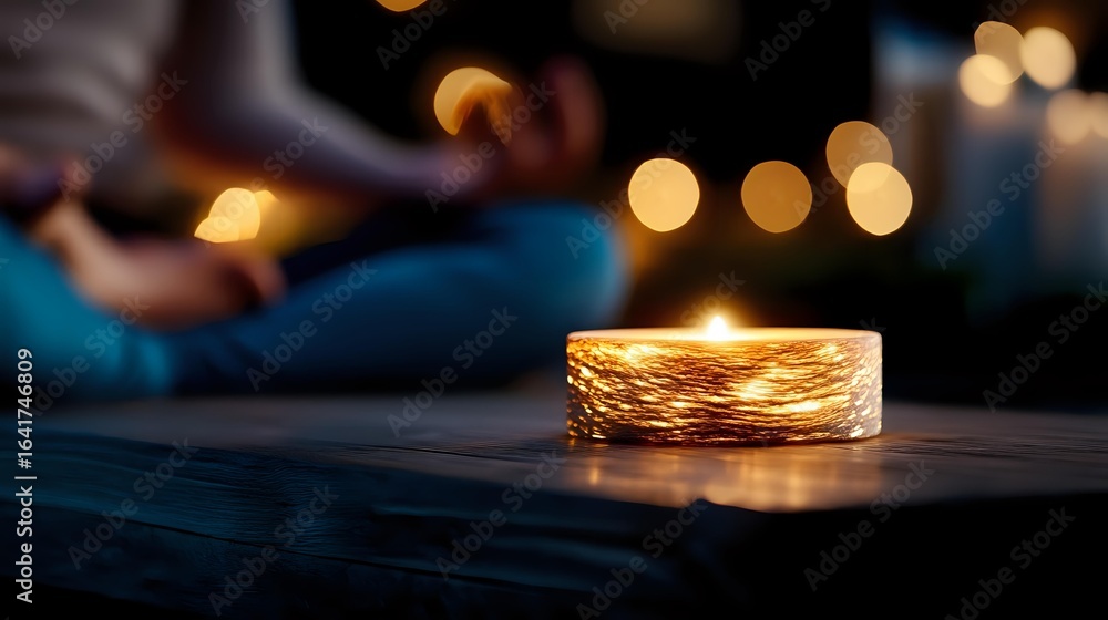 Poster glowing candle with textured holder casting warm light against dark background with soft bokeh light
