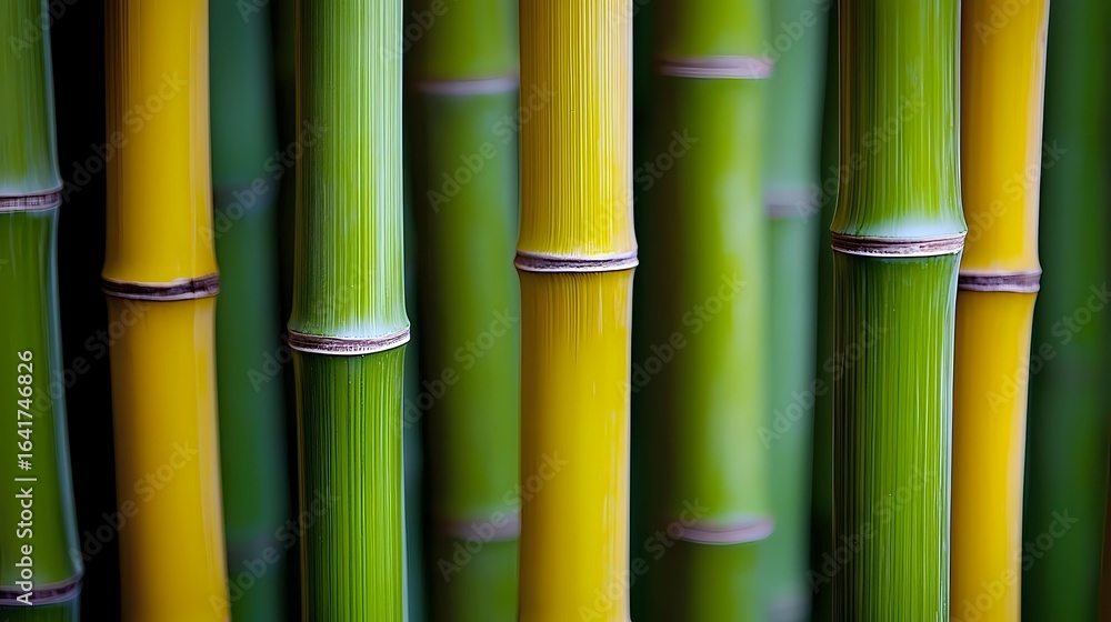 Aufkleber green and yellow bamboo stems in vertical composition creating natural pattern with soft focus backg