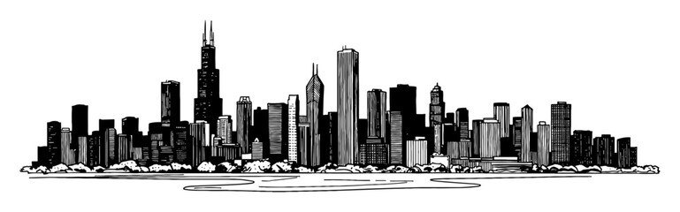 Fototapeta premium Panoramic Chicago City Skyline Cityscape Metropolis Urban View Black and White Outline Line Art Drawing