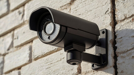 A security camera is affixed to a brick wall, monitoring the outdoor environment for potential threats or suspicious activity. This system is designed to enhance safety in public spaces