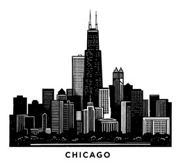 Iconic Chicago Skyline Cityscape with Prominent Buildings and Text at Bottom Black and White Outline Line Art Drawing