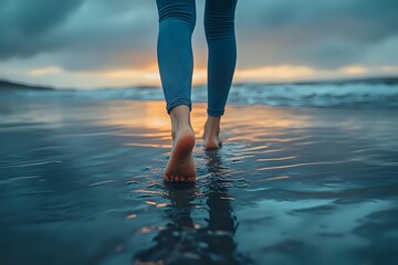 Barefoot woman walking in shallow ocean water at sunset, wearing blue jeans. Gentle waves reflect golden sunlight creating peaceful coastal atmosphere.