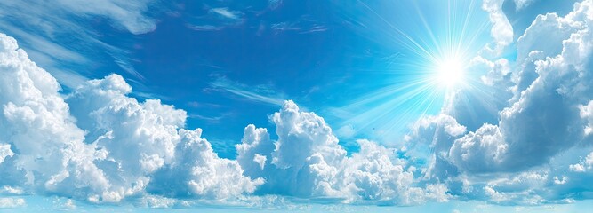 Panoramic view of a vibrant blue sky dotted with fluffy white clouds, with the sun shining brightly