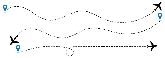 Minimalist black airplane with dotted flight path leading to destination pin. Perfect for travel, aviation, journey, and logistics design concepts. Airplane flight route with start and end destination