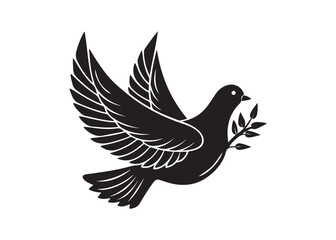 Dove of Peace with Olive Branch Silhouette Vector Isolated on White Background.