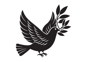 Dove of Peace with Olive Branch Silhouette Vector Isolated on White Background.