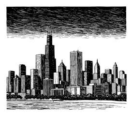 Fototapeta premium Iconic Chicago Skyline Cityscape Black and White Outline Line Art Drawing of Urban Architecture