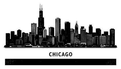Naklejka premium Chicago Skyline Cityscape with Chicago Text at Bottom Black and White Outline Line Art Drawing