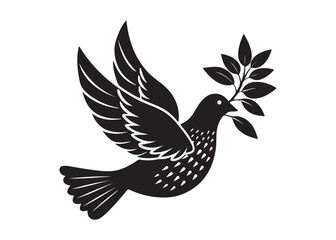 Dove of Peace with Olive Branch Silhouette Vector Isolated on White Background.