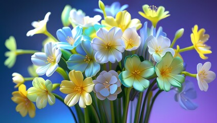 a vibrant bouquet of primrose flowers in shades of yellow, white, and green, with delicate petals and soft texture