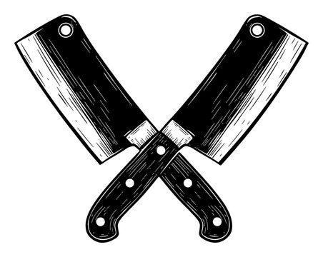 Clean Crossed Chef Knife and Butcher Cleaver Blades Vintage Black and White Outline Line Art Drawing - Powered by Adobe