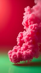  a visually striking scene of pink smoke swirling upwards against a vibrant red background 