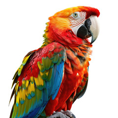 Fototapeta premium Scarlet Macaw perched, tropical setting, vibrant plumage, wildlife photography, nature poster