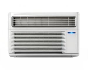 White modern window air conditioner unit with horizontal grille and blue indicator light, isolated on transparent background