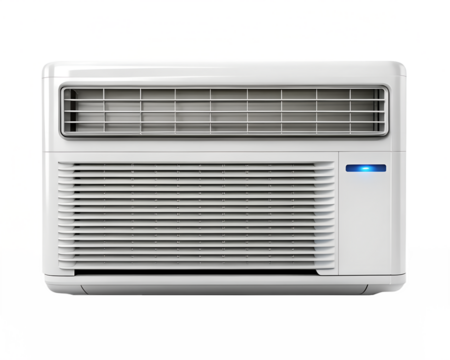 White modern window air conditioner unit with horizontal grille and blue indicator light, isolated on transparent background