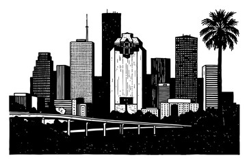 Fototapeta premium Houston Texas Skyline with Palm Tree Black and White Outline Line Art Drawing Vintage Engraved Woodcut